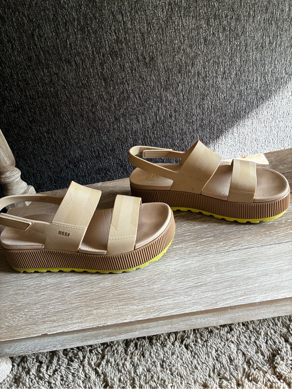 Reef Water Vista Higher Platform Sandals In Tan With Lime Green Accent - Picture 2 of 7
